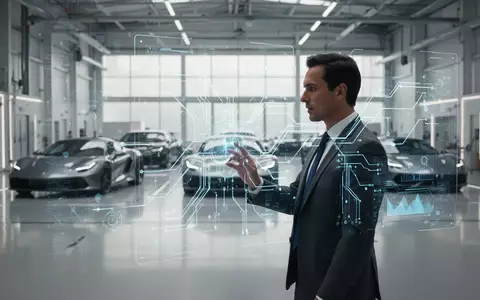 Ein Berater in einem modernen Automobil-Designlabor interagiert mit einer digitalen KI-Schnittstelle vor Sportwagen. - Foto: über boerse-global.de