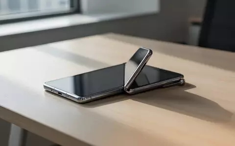 Ein faltbares Smartphone liegt in einer modernen Büroumgebung auf einem Holztisch. - Foto: über boerse-global.de