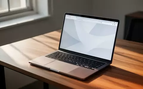 Ein moderner, minimalistischer Arbeitsplatz mit einem aufgeklappten Laptop auf einem Holztisch bei natürlichem Licht. - Foto: über boerse-global.de