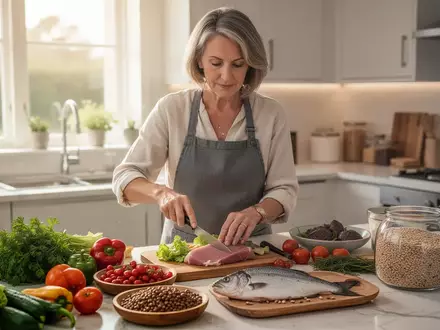 Eine Frau bereitet in einer hellen, modernen Küche eine nährstoffreiche Mahlzeit mit frischen Lebensmitteln zu. - Foto: über boerse-global.de