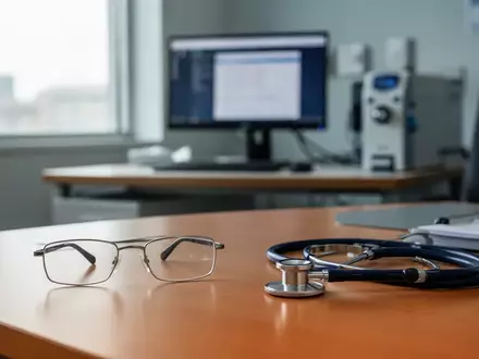 Ein moderner, aufgeräumter Arbeitsplatz in einer Arztpraxis mit einer Brille und einem Stethoskop auf einem Schreibtisch. - Foto: über boerse-global.de