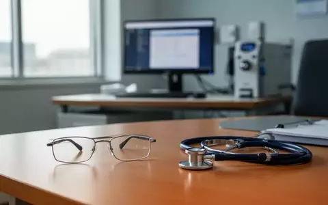 Ein moderner, aufgeräumter Arbeitsplatz in einer Arztpraxis mit einer Brille und einem Stethoskop auf einem Schreibtisch. - Foto: über boerse-global.de