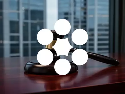 Ein Anwaltsrichterhammer auf einem dunklen Schreibtisch vor einem unscharfen Bürogebäude, symbolisiert rechtliche Schritte. - Foto: über boerse-global.de