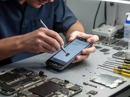 Ein Techniker repariert ein Smartphone an einem aufgeräumten Werkstatt-Arbeitsplatz mit verschiedenen Ersatzteilen. - Foto: über boerse-global.de