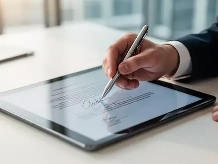 Eine Person unterschreibt digital einen Vertrag auf einem Tablet in einem modernen Büro. - Foto: über boerse-global.de
