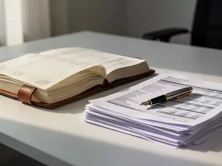 Ein offenes Geschäftsbuch und ein Füllfederhalter auf einem aufgeräumten Schreibtisch in einem hellen Büro. - Foto: über boerse-global.de