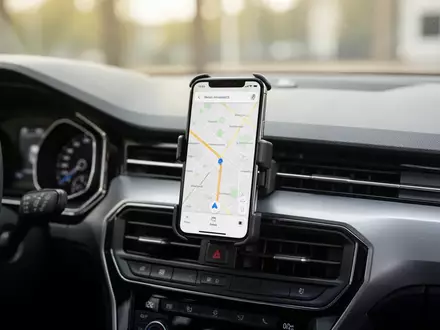 Ein am Armaturenbrett befestigtes Smartphone zeigt eine Navigationskarte während der Fahrt. - Foto: über boerse-global.de