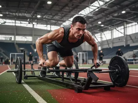Ein Sportler schiebt einen Gewichtsschlitten auf einer Laufbahn in einer großen Sporthalle während eines Trainings. - Foto: über boerse-global.de