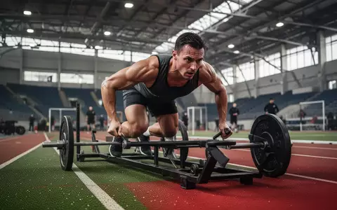 Ein Sportler schiebt einen Gewichtsschlitten auf einer Laufbahn in einer großen Sporthalle während eines Trainings. - Foto: über boerse-global.de