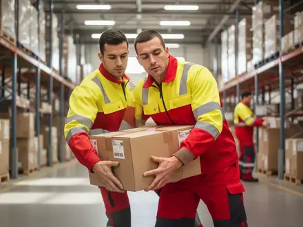 Ein Paketzusteller in Arbeitskleidung übt in einem Logistikzentrum rückenschonende Hebetechniken für Pakete. - Foto: über boerse-global.de