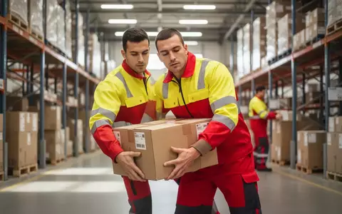 Ein Paketzusteller in Arbeitskleidung übt in einem Logistikzentrum rückenschonende Hebetechniken für Pakete. - Foto: über boerse-global.de