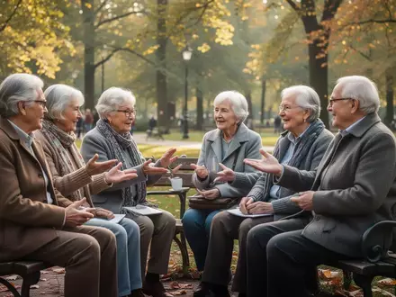 Eine Gruppe älterer Menschen sitzt auf einer Parkbank in einem sonnigen Schlosspark und tauscht sich angeregt aus. - Foto: über boerse-global.de