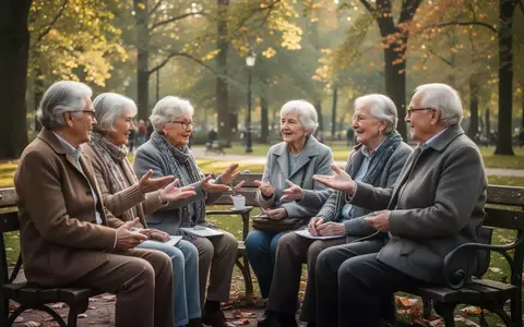 Eine Gruppe älterer Menschen sitzt auf einer Parkbank in einem sonnigen Schlosspark und tauscht sich angeregt aus. - Foto: über boerse-global.de