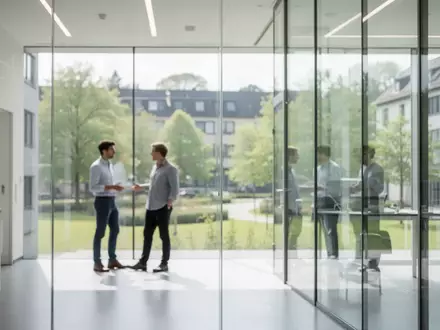 Moderne Forschungsarchitektur in Saarbrücken mit Wissenschaftlern in einem hellen, lichtdurchfluteten Bürogebäude. - Foto: über boerse-global.de