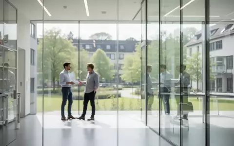 Moderne Forschungsarchitektur in Saarbrücken mit Wissenschaftlern in einem hellen, lichtdurchfluteten Bürogebäude. - Foto: über boerse-global.de