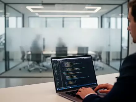 Büroarbeitsplatz mit Laptop, auf dem abstrakte Programmiercodes zu sehen sind, als Symbol für die KI-Regulierung. - Foto: über boerse-global.de