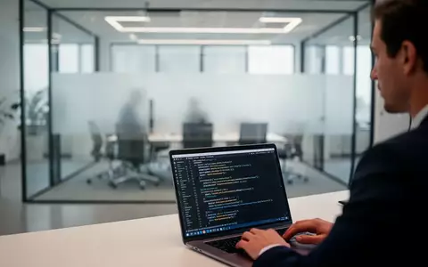 Büroarbeitsplatz mit Laptop, auf dem abstrakte Programmiercodes zu sehen sind, als Symbol für die KI-Regulierung. - Foto: über boerse-global.de