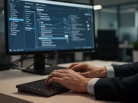 Ein verschwommener Computerbildschirm in einem modernen Büro zeigt Systemeinstellungen, während die Hände eines Nutzers auf einer Tastatur liegen. - Foto: über boerse-global.de