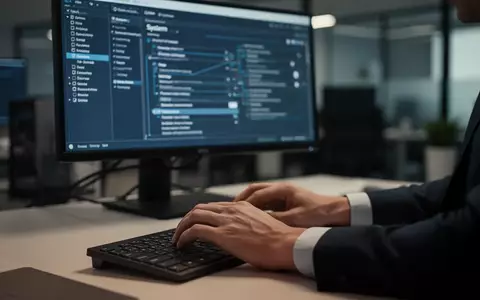 Ein verschwommener Computerbildschirm in einem modernen Büro zeigt Systemeinstellungen, während die Hände eines Nutzers auf einer Tastatur liegen. - Foto: über boerse-global.de