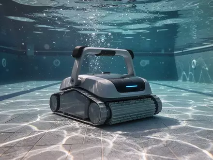 Ein moderner, kabelloser Poolreinigungsroboter unter Wasser in einem sonnendurchfluteten Schwimmbecken. - Foto: über boerse-global.de