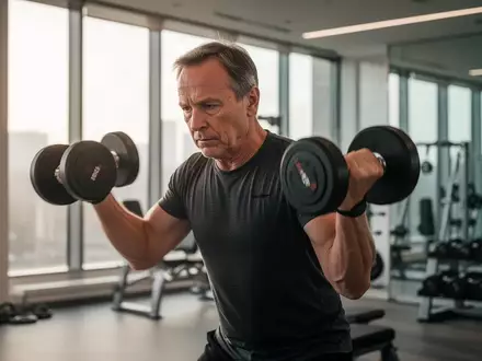 Eine Person trainiert konzentriert mit Hanteln in einem hellen, modernen Fitnessstudio. - Foto: über boerse-global.de