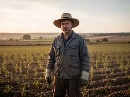 Ein Landwirt in Arbeitskleidung steht nachdenklich auf einem Feld während der goldenen Stunde. - Foto: über boerse-global.de