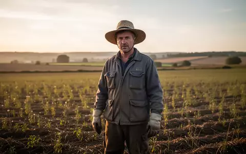 Ein Landwirt in Arbeitskleidung steht nachdenklich auf einem Feld während der goldenen Stunde. - Foto: über boerse-global.de