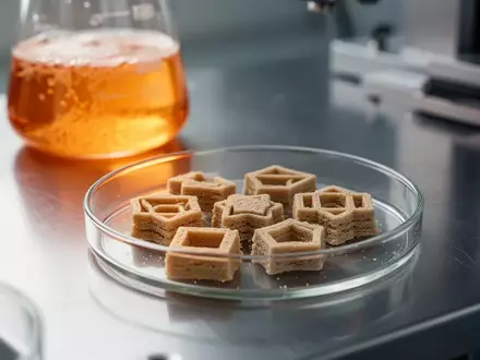 Kleine, 3D-gedruckte Nährstoff-Proben in einer Petrischale in einem modernen Labor, im Hintergrund eine Hefekultur. - Foto: über boerse-global.de
