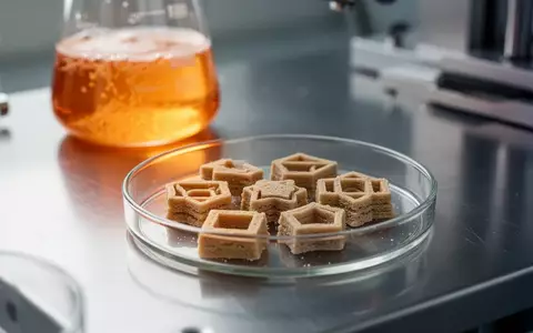Kleine, 3D-gedruckte Nährstoff-Proben in einer Petrischale in einem modernen Labor, im Hintergrund eine Hefekultur. - Foto: über boerse-global.de