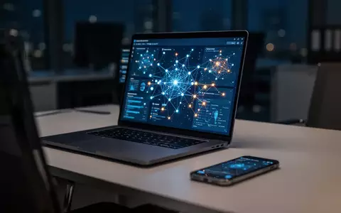 Ein beleuchteter Laptop-Bildschirm mit einem komplexen Sicherheits-Dashboard in einem dunklen, modernen Büro. - Foto: über boerse-global.de