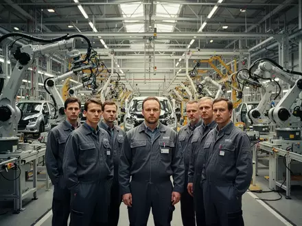 Arbeiter in einer modernen Automobilfabrik vor dem Hintergrund von Produktionsanlagen. - Foto: über boerse-global.de