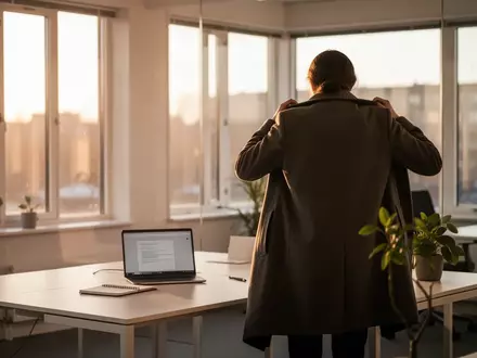 Eine Person verlässt am späten Nachmittag in einem hellen, modernen Büro den Arbeitsplatz. - Foto: über boerse-global.de