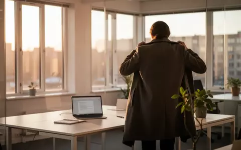 Eine Person verlässt am späten Nachmittag in einem hellen, modernen Büro den Arbeitsplatz. - Foto: über boerse-global.de