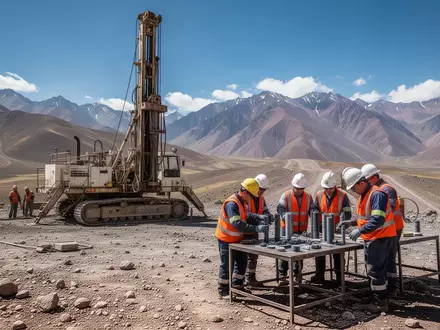 Ein Bohrgerät auf einer abgelegenen Bergbaustelle in einer bergigen Landschaft mit Geologen, die Proben untersuchen. - Foto: über boerse-global.de