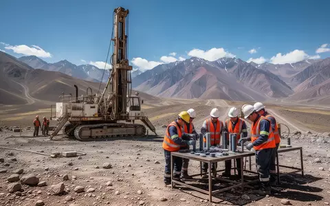 Ein Bohrgerät auf einer abgelegenen Bergbaustelle in einer bergigen Landschaft mit Geologen, die Proben untersuchen. - Foto: über boerse-global.de