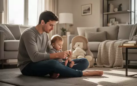Ein junger Vater spielt liebevoll mit seinem Kleinkind in einem hellen, wohnlichen Wohnzimmer. - Foto: über boerse-global.de