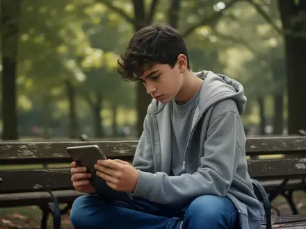 Ein Jugendlicher sitzt im Park und schaut auf ein Tablet, was die Haltung und Rückengesundheit thematisiert. - Foto: über boerse-global.de