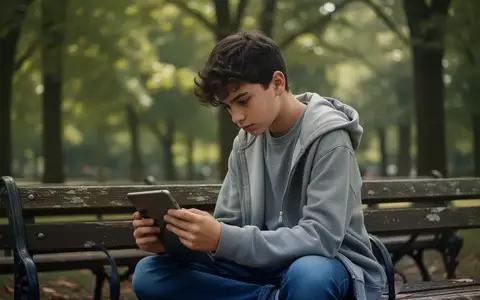 Ein Jugendlicher sitzt im Park und schaut auf ein Tablet, was die Haltung und Rückengesundheit thematisiert. - Foto: über boerse-global.de