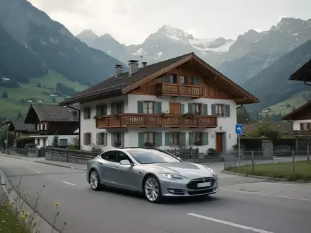 Ein silbernes Auto fährt auf einer ländlichen Straße in einem Schweizer Alpental, umgeben von traditionellen Häusern. - Foto: über boerse-global.de