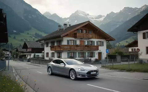 Ein silbernes Auto fährt auf einer ländlichen Straße in einem Schweizer Alpental, umgeben von traditionellen Häusern. - Foto: über boerse-global.de