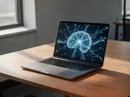 Ein moderner, minimalistischer Arbeitsplatz mit einem Laptop, dessen Bildschirm ein abstraktes KI-Netzwerkmuster zeigt. - Foto: über boerse-global.de