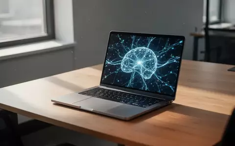 Ein moderner, minimalistischer Arbeitsplatz mit einem Laptop, dessen Bildschirm ein abstraktes KI-Netzwerkmuster zeigt. - Foto: über boerse-global.de