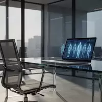 Ein leerer Büroarbeitsplatz mit einem Laptop, auf dem abstrakte Datenvisualisierungen zu sehen sind, vor einer Fensterfront. - Foto: über boerse-global.de