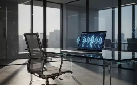 Ein leerer Büroarbeitsplatz mit einem Laptop, auf dem abstrakte Datenvisualisierungen zu sehen sind, vor einer Fensterfront. - Foto: über boerse-global.de
