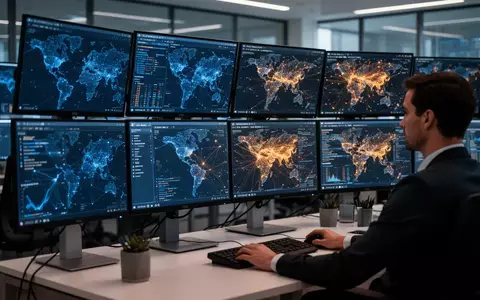 Ein Analyst in einem modernen Cyber-Sicherheitszentrum überwacht komplexe Netzwerkdaten auf mehreren Bildschirmen. - Foto: über boerse-global.de