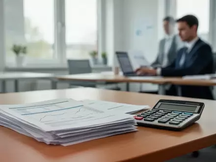 Ein Schreibtisch mit Taschenrechner und Unterlagen in einem modernen, hellen Büro bei Tageslicht. - Foto: über boerse-global.de