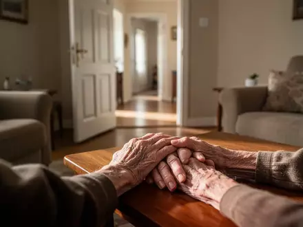 Ein Blick in ein wohnliches Seniorenzimmer mit einer leicht geöffneten Wohnungstür im Hintergrund, das ein Gefühl von häuslicher Sicherheit und Verletzlichkeit vermittelt. - Foto: über boerse-global.de