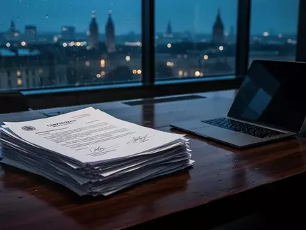 Vertrauliche Dokumente auf einem Schreibtisch in einem modern beleuchteten Büro vor einer nächtlichen Stadtkulisse. - Foto: über boerse-global.de
