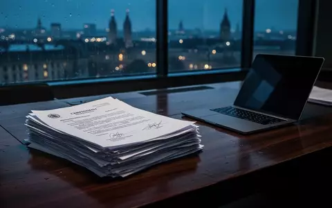 Vertrauliche Dokumente auf einem Schreibtisch in einem modern beleuchteten Büro vor einer nächtlichen Stadtkulisse. - Foto: über boerse-global.de