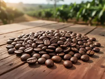 Geröstete Kaffeebohnen auf einem rustikalen Holztisch in einer Kaffeeplantage bei natürlichem Licht. - Foto: über boerse-global.de